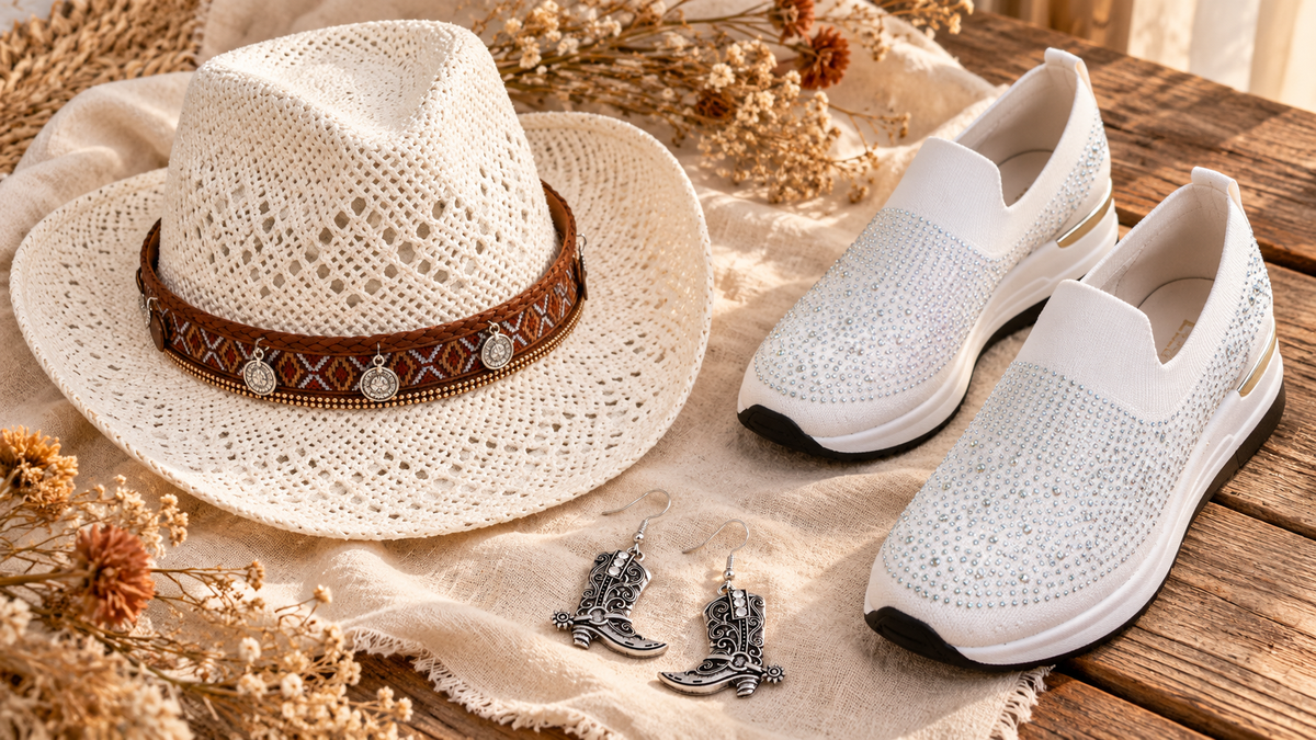 Boho woven cowboy hat, western boot earrings, and rhinestone slip-on shoes from Retro Wildflower Boutique