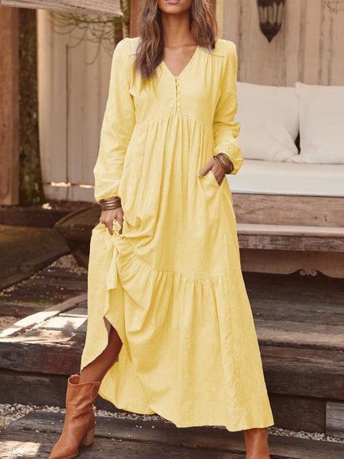 Autumn Winter Women Clothing Button Cotton Linen Retro Casual Long-Sleeved Dress Large Swing Dress Multi-Color