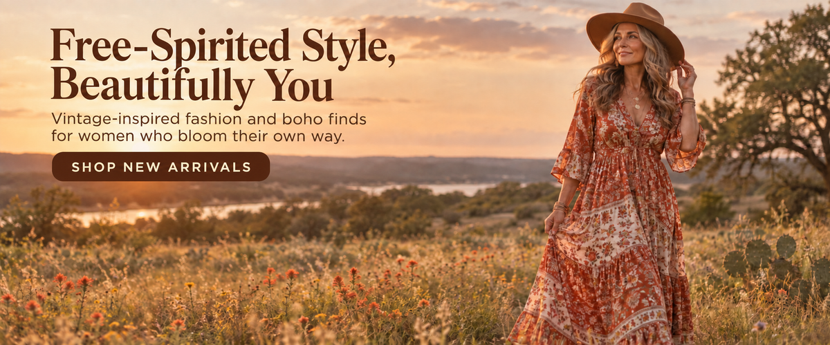 Retro Wildflower Boutique homepage banner with Free-Spirited Style, Beautifully You and Shop New Arrivals